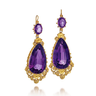 Georgian 22K Gold Cannetille Amethyst Drop Earrings