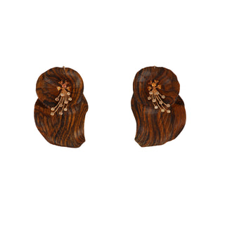 Carved Wood 18K Gold Diamond Clip Earrings with Sapphires