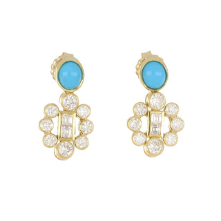 Estate 18K Gold Turquoise and Diamond Drop Earrings