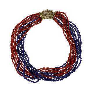 Vintage 1980s 18K Gold Coral and Lapis Bead Tornado Necklace