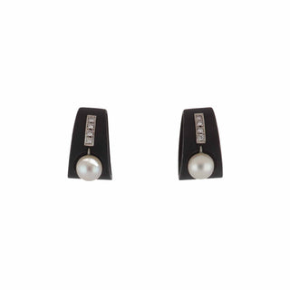Art Deco Marsh & Co. Blued Steel Akoya Pearl and Diamond Earrings