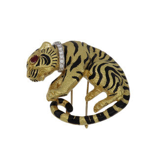 Vintage David Webb 18K Gold Enamel Tiger Brooch with Diamonds & Ruby