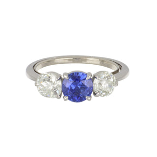 Estate Platinum Sapphire & Old-Mine Cut Diamond Three Stone Engagement Ring