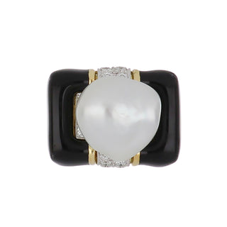 Vintage David Webb Two-Tone Black Enamel, South Sea Pearl & Diamond Cocktail Ring