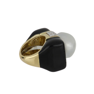Vintage David Webb Two-Tone Black Enamel, South Sea Pearl & Diamond Cocktail Ring