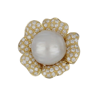 Vintage 1990s 18K Gold South Sea Pearl and Diamond Flower Ring