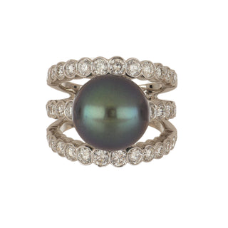 Estate 18K White Gold Tahitian Pearl and Diamond Three-Row Ring