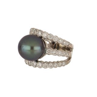 Estate 18K White Gold Tahitian Pearl and Diamond Three-Row Ring