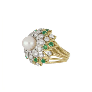 Two-Tone 18K Gold Akoya Pearl Ring with Diamonds