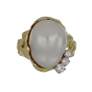 Vintage Boris LeBeau 18K Gold South Sea Pearl Nugget Ring with Diamonds