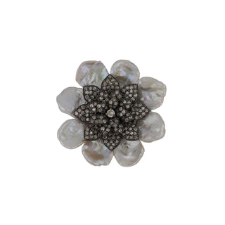 Maharaja Sterling Silver Pearl and Diamond Oversize Flower Ring