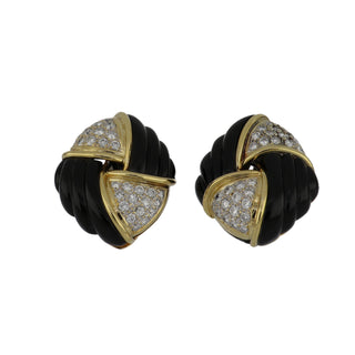 Vintage 18K Gold Onyx Clip Earrings with Diamonds