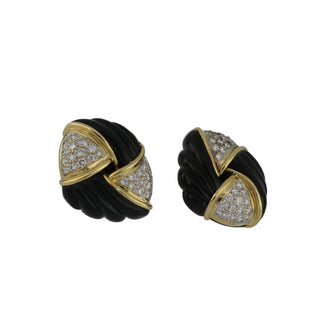 Vintage 18K Gold Onyx Clip Earrings with Diamonds