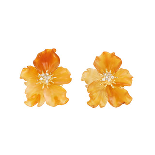 18K Gold Carnelian Flower Earrings with Diamonds