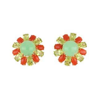 18K Gold Chrysoprase, Carnelian and Peridot Earrings