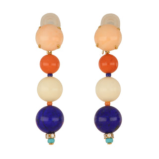 18K Coral, Lapis & Turquoise Bead Drop Earrings