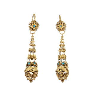 Georgian 18K Gold Cannetille Torpedo Day/Night Earrings with Turquoise