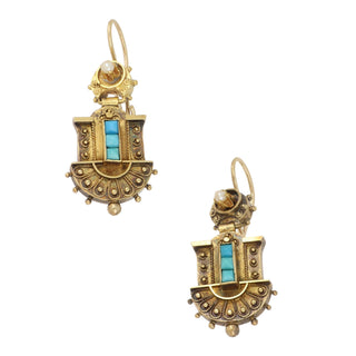 Victorian 14K Gold Etruscan Revival Turquoise Drop Earrings with Pearls