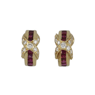 Vintage Tiffany & Co. 18K Gold Ruby Hoop Earrings with Diamonds