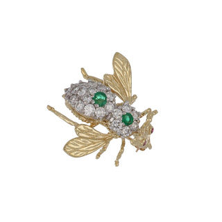 Mid-Century 14K Gold Emerald and Diamond Fly Pin