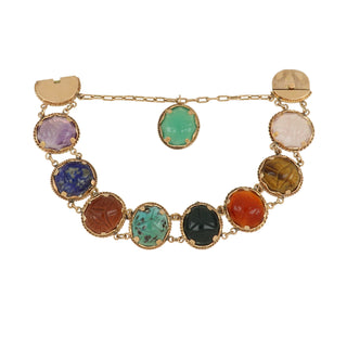 Estate Egyptian 14K Rose Gold Carved Gemstone Scarab Bracelet