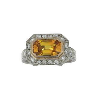 Estate 18K Yellow Sapphire Art Deco Inspired Ring with Diamonds