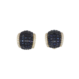 Vintage 1990s 18K Gold Sapphires Clip Earrings with Diamonds
