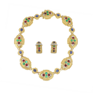 Vintage David Webb 18K Gold Cabochon Gemstone & Diamond Jewelry Suite