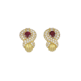 Estate 18K Gold Ruby Clip Earrings with Diamonds