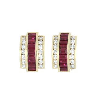 Estate De Hago 14K Gold Ruby & Diamond Clip Earrings