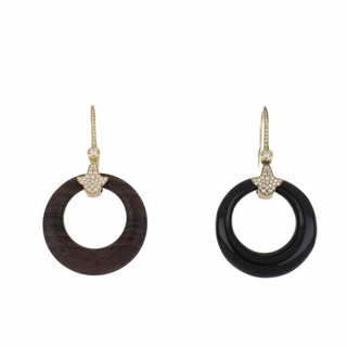 Vintage 1990s Marina B. 18K Gold Onyx and Wood Earrings with Diamonds