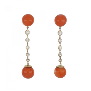 Vintage 1970s 18K Gold Coral Drop Earrings with Diamonds