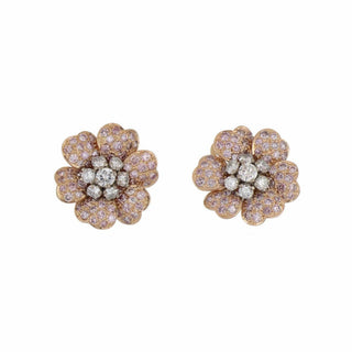 Vintage 18K Gold Pink and White Diamond Flower Earrings