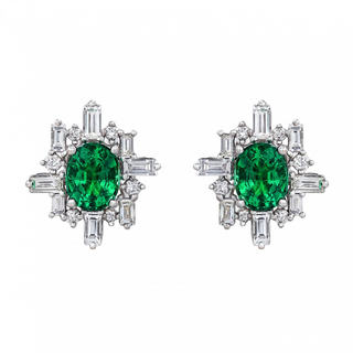 18K White Gold Emerald Stud Earrings with Diamonds