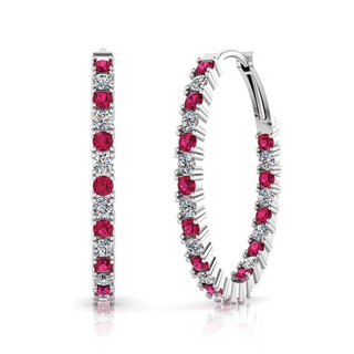 14K White Gold Ruby Hoop Earrings with Diamonds