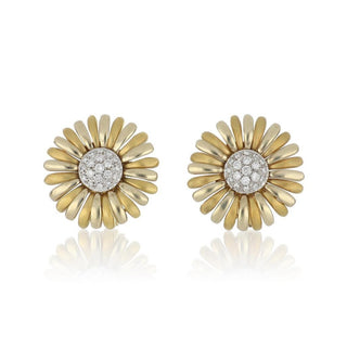 Vintage 1990s 18K Two-Tone Gold Diamond Daisy Earrings