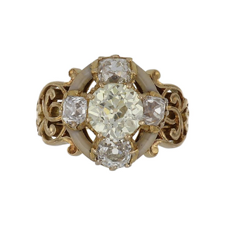 Art Nouveau 18K Gold Diamond Cluster Ring with Enamel