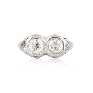 Art Deco 18K White Gold Twin-Stone Diamond Filigree Ring