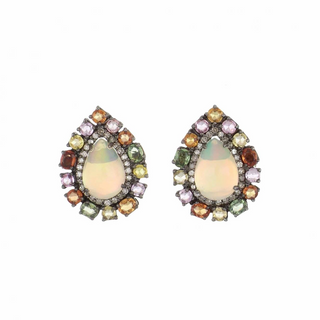 Maharaja Sterling Silver Sapphire Button Earrings with Opals