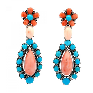 Maharaja Sterling Silver Coral and Turquoise Drop Earrings