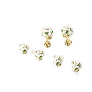 Vintage David Webb 18K White Enamel Lion Dress Set with Emeralds