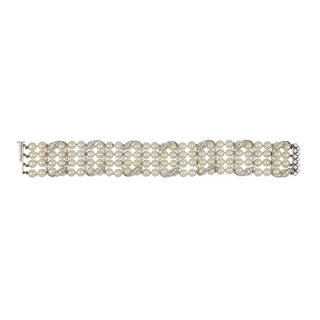Mid-Century 14K White Gold Multi-Row Akoya Pearl Bracelet with Diamonds