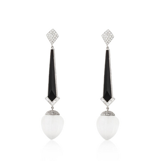 Estate 18K White Gold Onyx Drop Earrings with Rock Crystals