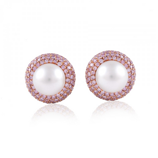 Estate 18K Rose Gold South Sea Pearl and Pink Diamond Button Earrings