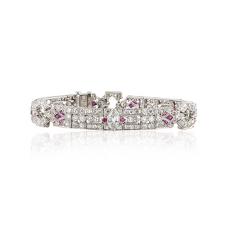 Art Deco Platinum Diamond & Calibre-Cut Ruby Filigree Link Bracelet