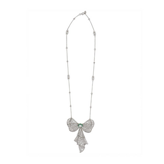 Edwardian Platinum Emerald & Diamond Filigree Bow Pin / Pendant Necklace