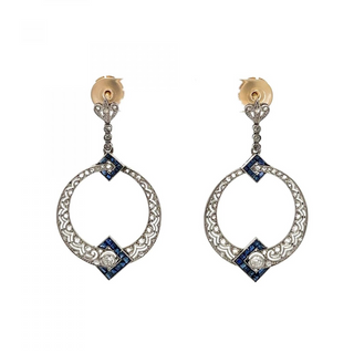 Art Deco Platinum Diamond Drop Earrings with Synthetic Sapphire
