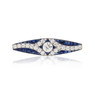 Art-Deco White Platinum Sapphires Pin with Diamonds