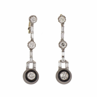 Art Deco 18K and Platinum Diamond Drop Earrings with Black Enamel