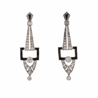 Estate Platinum Art Deco-Style Diamond & Onyx Openwork Drop Earrings